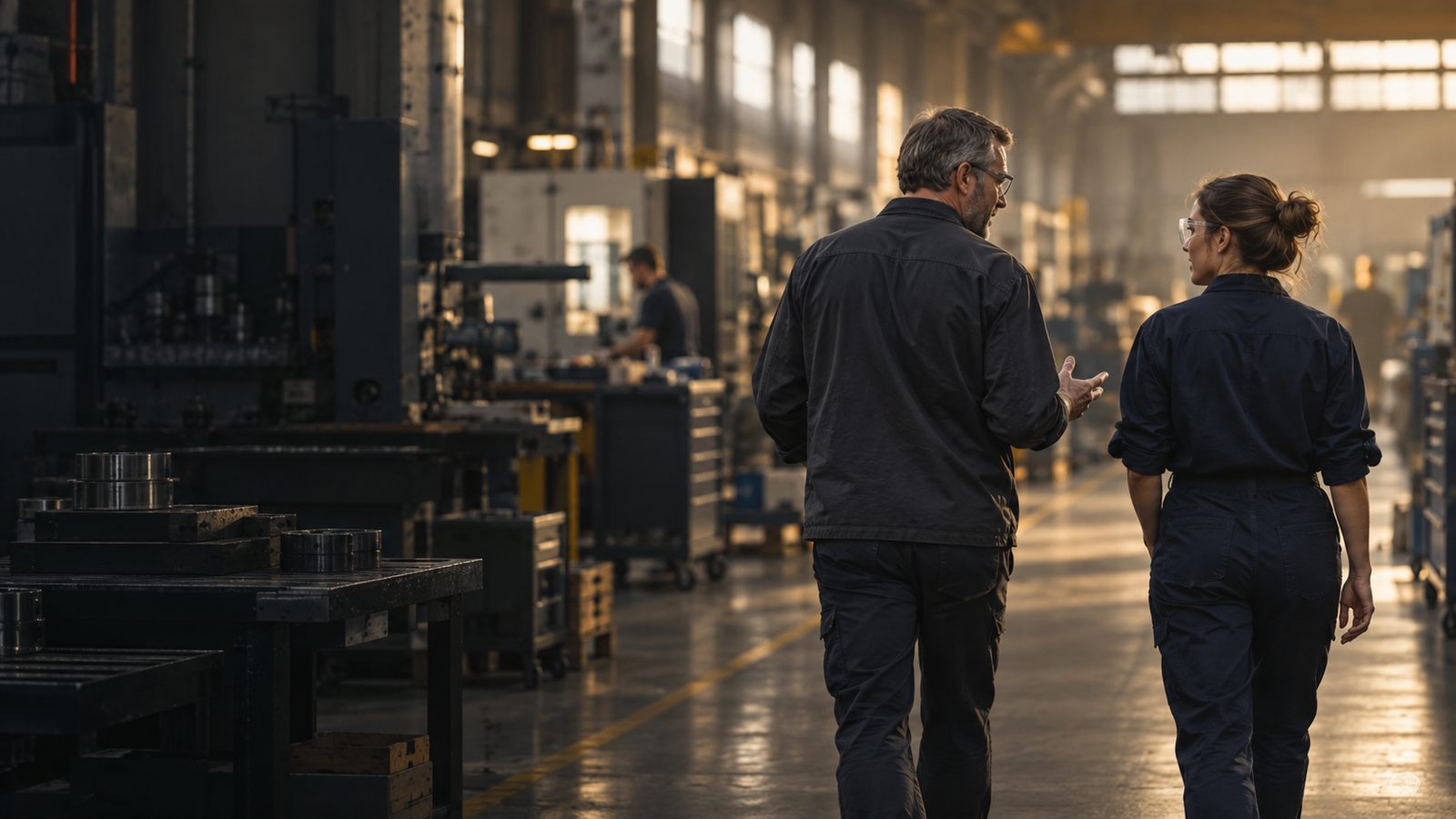 Two colleagues walking the floor of a manufacturing plant in conversation